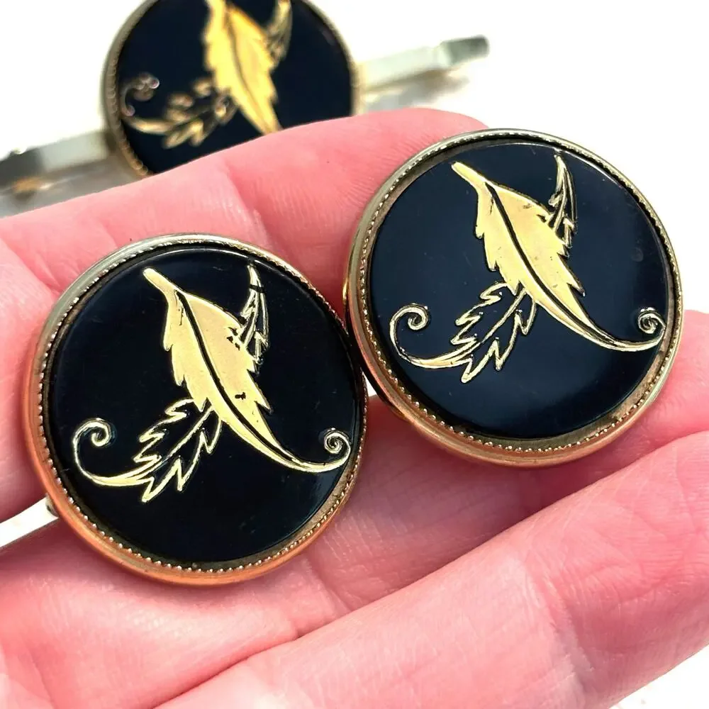Vintage Creation House jewelry set men's cufflinks & pin black enamel gold leaf